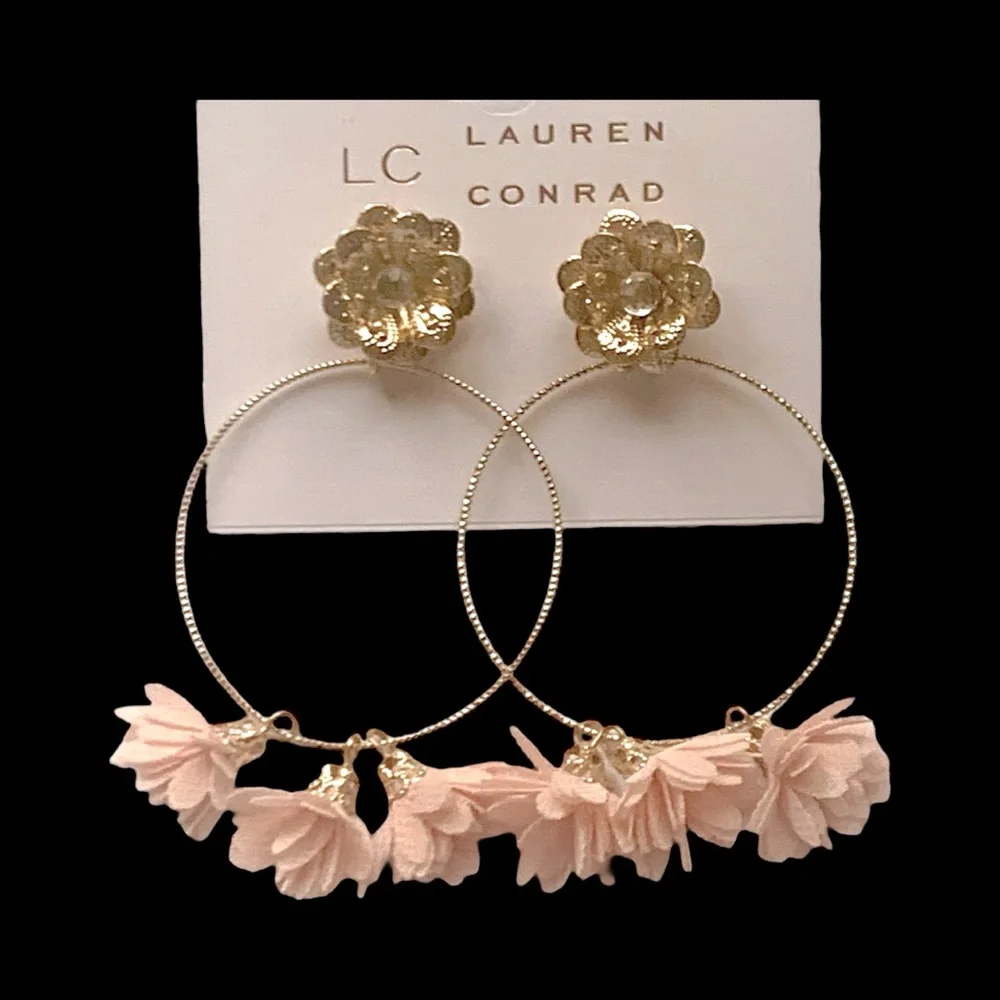 LC Lauren Conrad Gold Hoop Earrings with Pink Floral Accents NWT